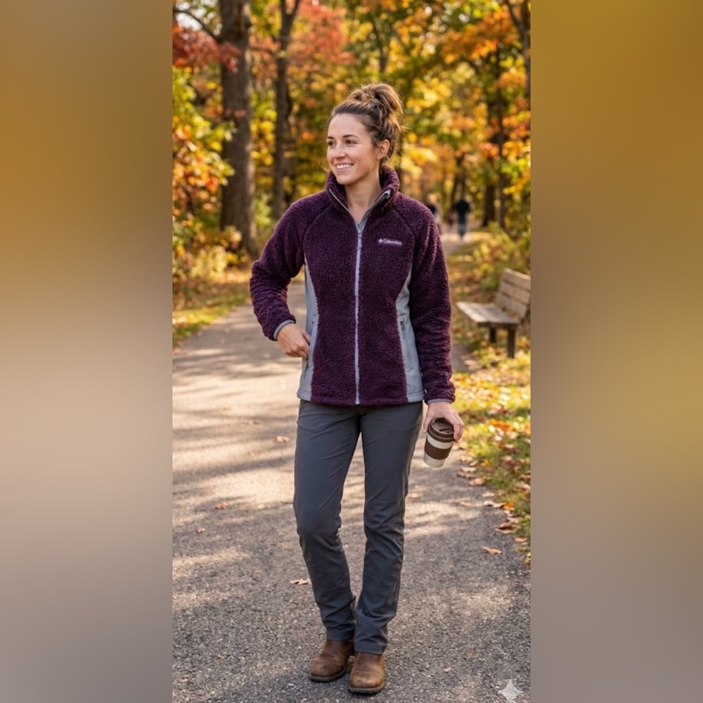 Columbia Fast Beauty Plush Sherpa Burgundy Gray Full Zip Jacket Women’s Size XS